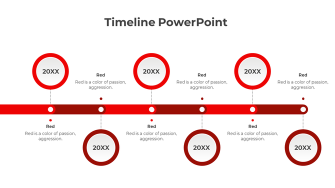 Minimalist timeline featuring five red circular nodes along a thick red horizontal bar, with alternating text descriptions. 