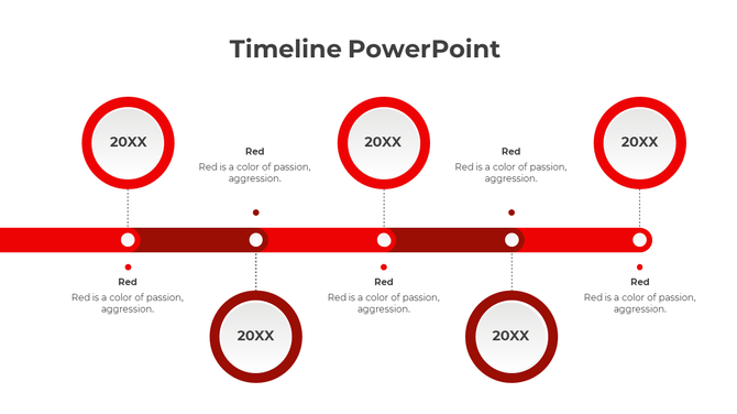 Minimalist timeline slide featuring five red nodes along a thick red horizontal bar, with alternating text descriptions. 