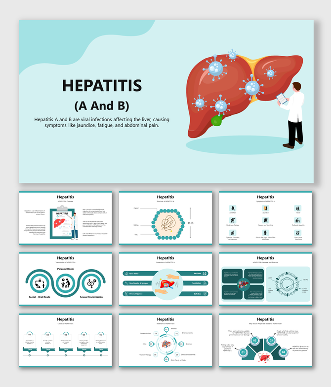Alt: Hepatitis cover slide with doctor examining enlarged liver graphic surrounded by virus icons on a light blue background.