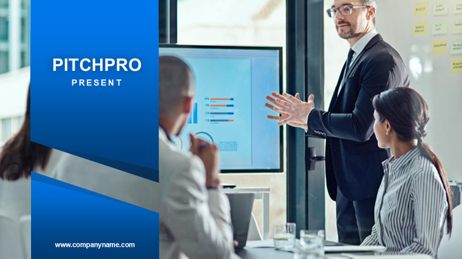Split slide with bold blue panel featuring title on left and business team presentation scene with graph screen on right.