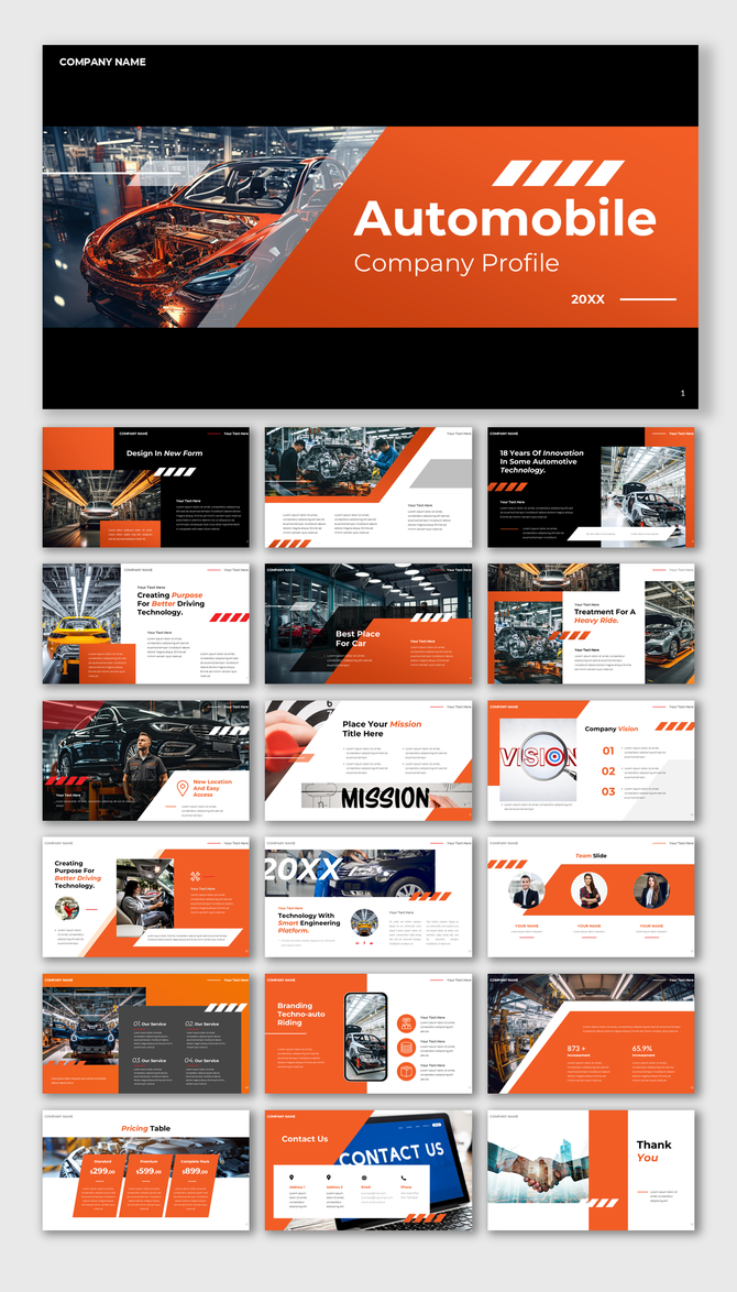 Automobile themed slide deck with an orange, black, and white design, featuring images of cars, factories, and company info.