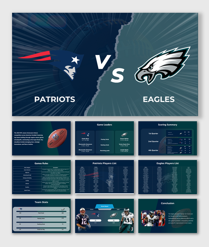 PPT slides showing Patriots vs Eagles game leaders, stats, scoring, and player lists for both teams in a colorful theme.