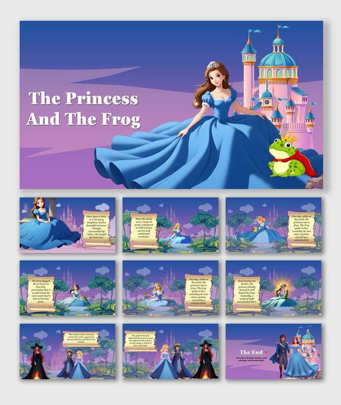 Fairy tale slide deck with princess, frog, castle, and forest scenes, ending with transformation and a happy ending.