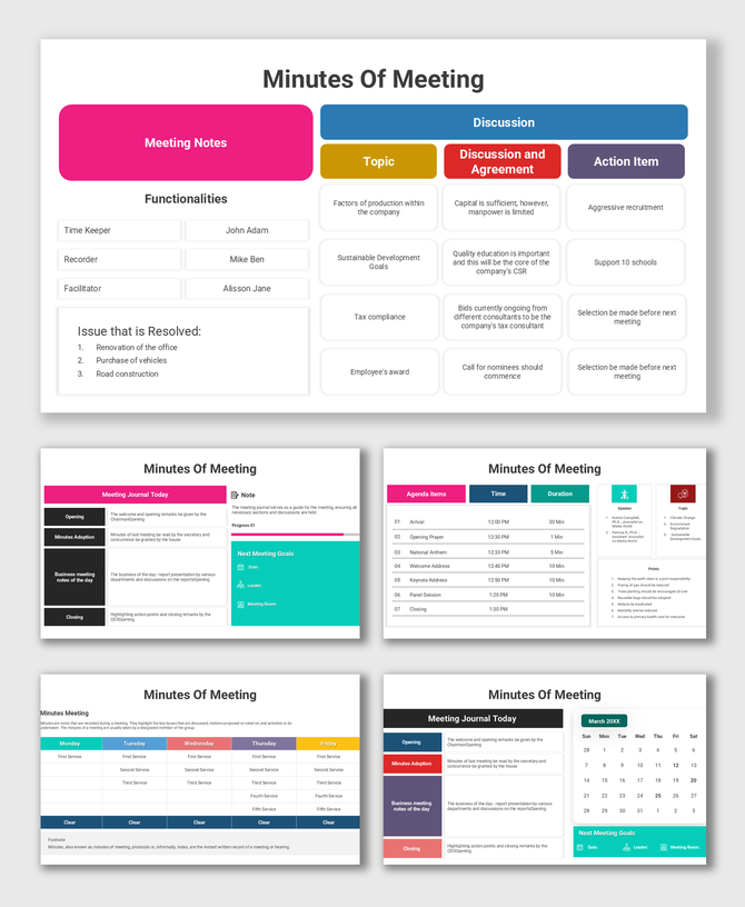 Colorful minutes of meeting template with columns for agenda, topics, agreements, and action items, ideal for team tracking.