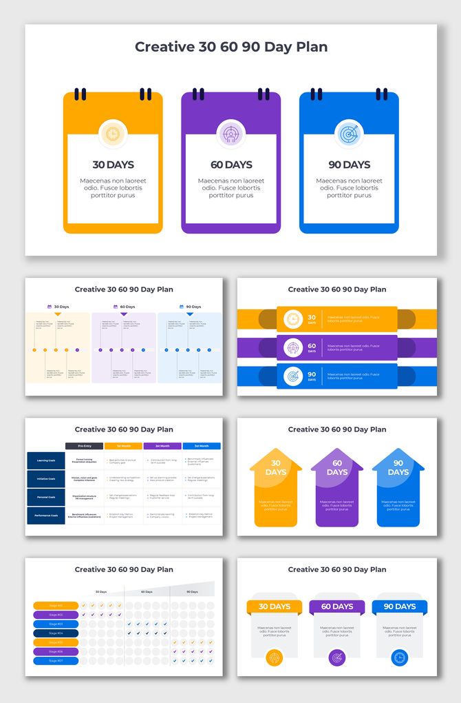 Structured 30-60-90 day plan design with segmented goals in bright colors for tracking progress over time.