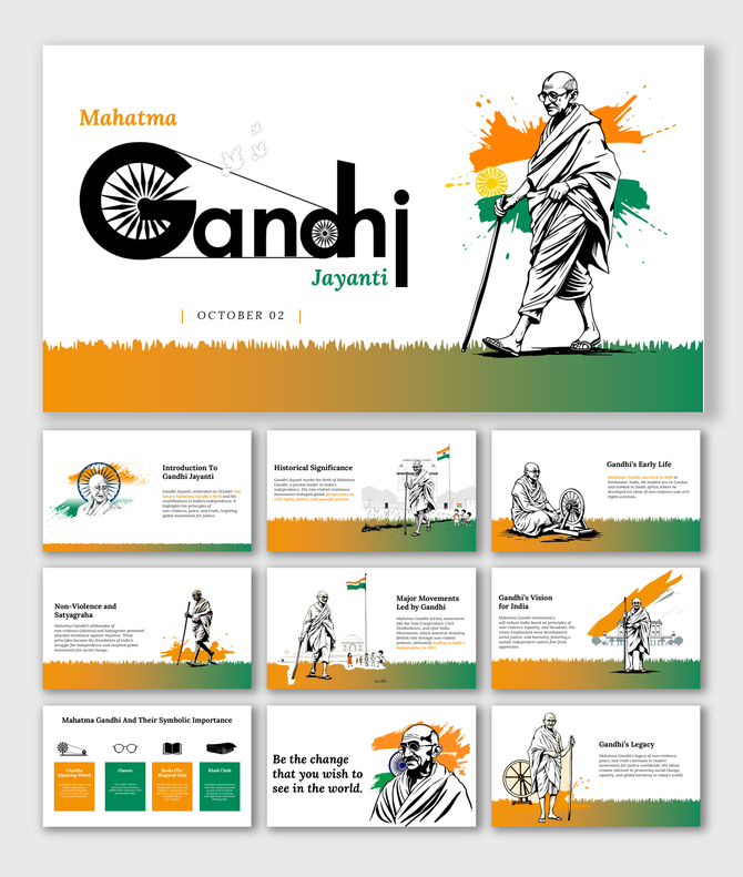 Gandhi Jayanti slide deck with artwork of Mahatma Gandhi, Indian flag hues, and content on his movements and philosophies.
