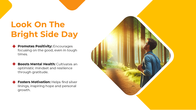 Slide on Look On The Bright Side Day, promoting positivity and mental health with a sunlit forest image.