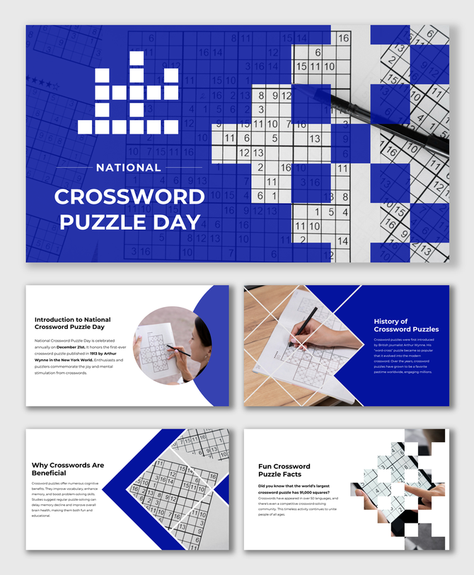 National Crossword Puzzle Day deck with blue accents, crossword grids, history, fun trivia, and benefits of solving puzzles.