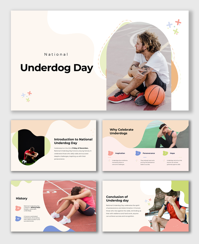 National Underdog Day slides with dog images, light-colored shapes, and text on history, celebration, and persistence.