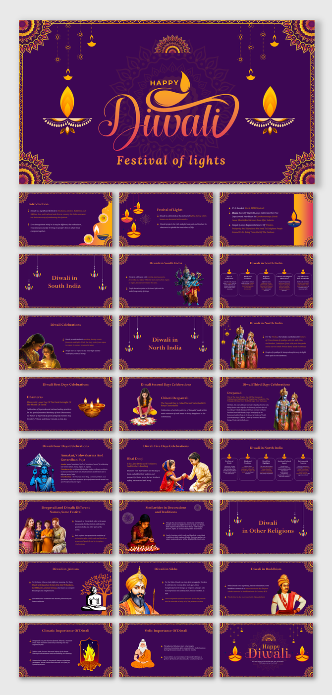 A vibrant Diwali presentation template with decorative mandala borders, featuring diya illustrations and festive-themed slide