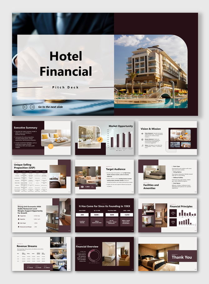 Hotel finance pitch deck feature revenue charts, financial insights, and market potential in a polished, maroon-based layout.