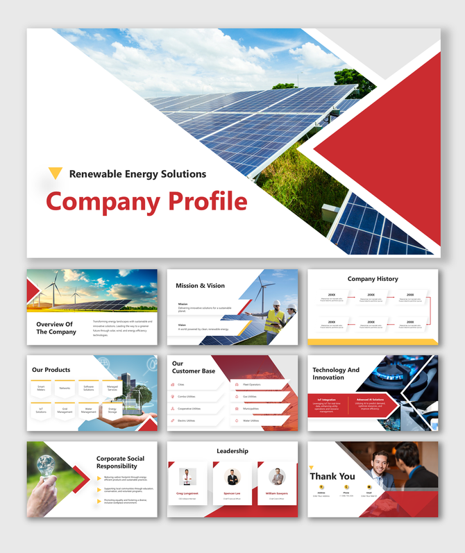 Renewable energy profile slides showcasing company history, customer base, leadership, and innovative energy solutions.