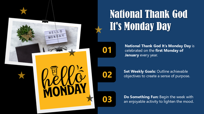 Motivational graphic celebrating Mondays with vibrant imagery and goals.