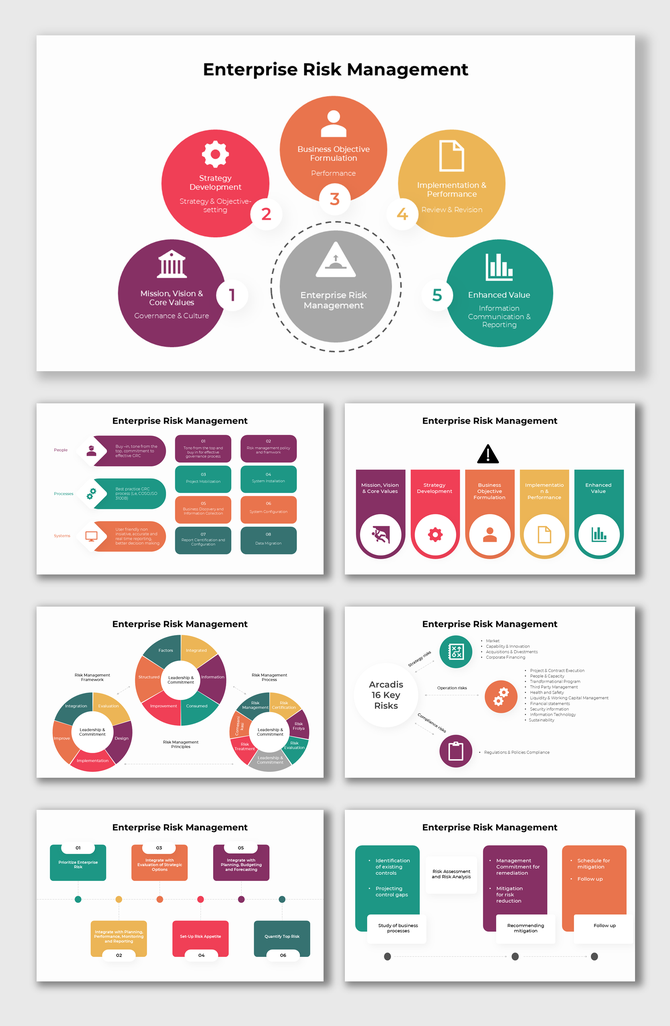Enterprise Risk Management framework overview with visuals, steps, and colorful diagrams on governance and strategy.