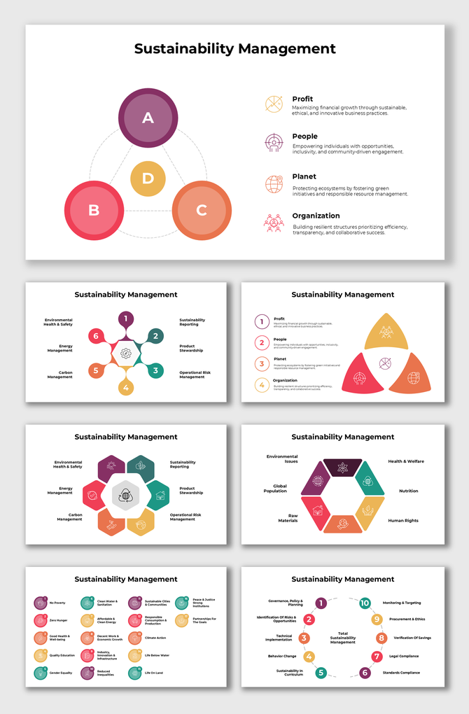 Colorful sustainability management visuals showcasing profit, people, and planet integration with icons and descriptive secti