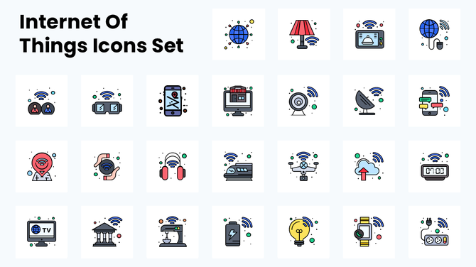 IoT icons showcasing smart devices, wearables, appliances, and cloud connectivity with vibrant colors and wireless visuals.