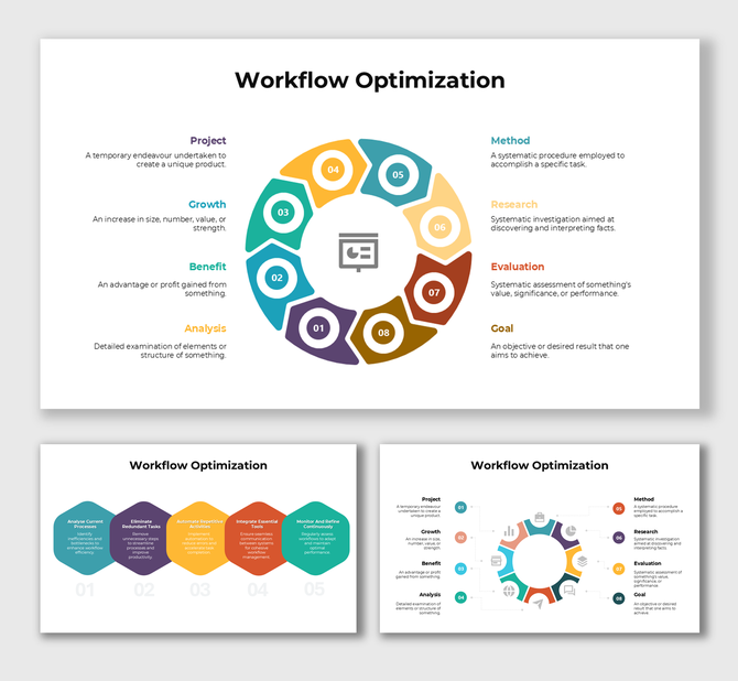 Workflow optimization diagrams showcasing key steps, benefits, and project methodologies for efficiency improvement.