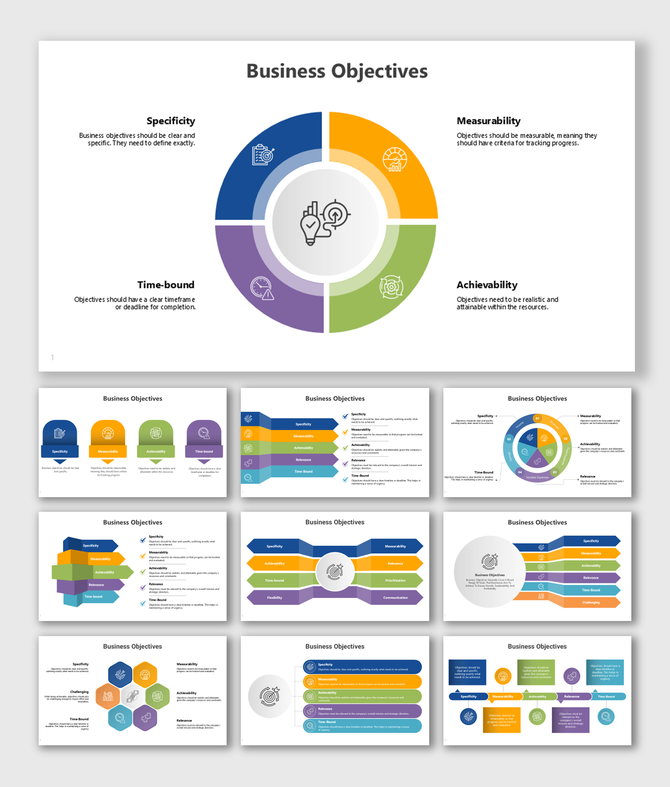 Business Objectives slide showcasing colorful infographic designs with segmented visuals and placeholder captions.