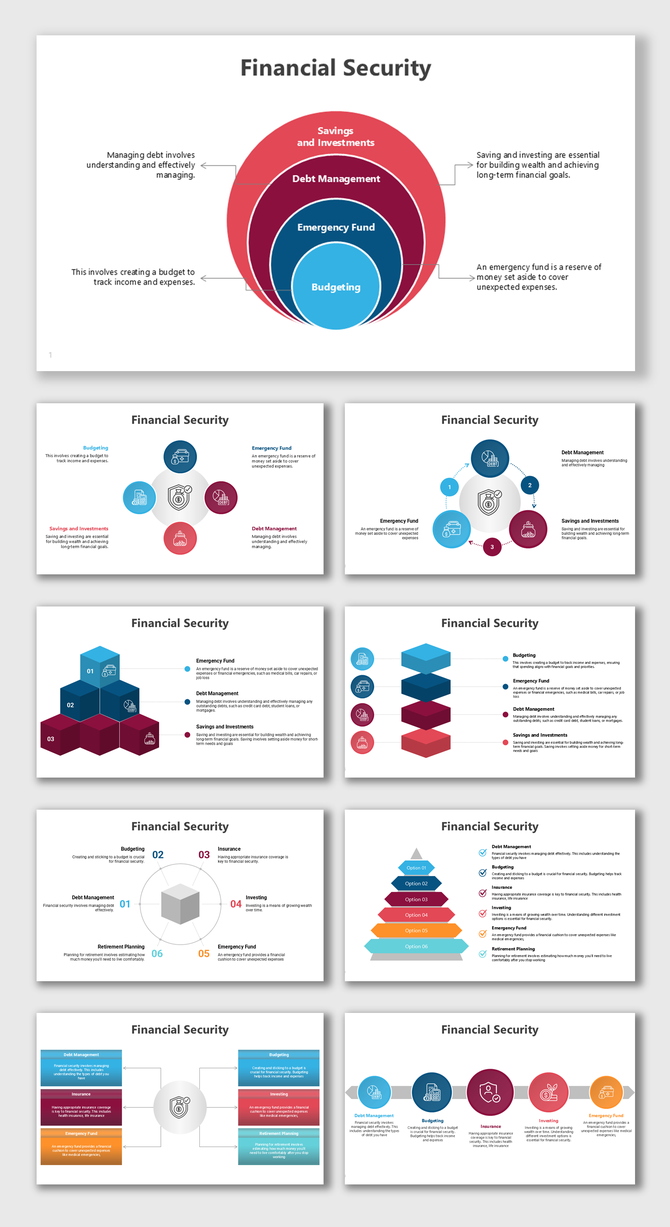 Financial security infographic showcasing budgeting, emergency funds, debt management, and savings strategies in circular.