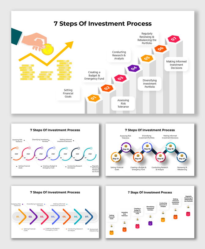 Alt: 7 Steps of Investment Process slide featuring a rising graph of gold coins and hexagonal steps for financial planning presentations.