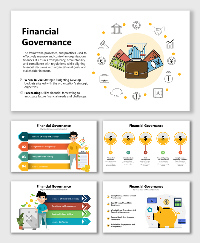 Financial Governance framework with visuals of budgeting, compliance, and forecasting for effective financial control.