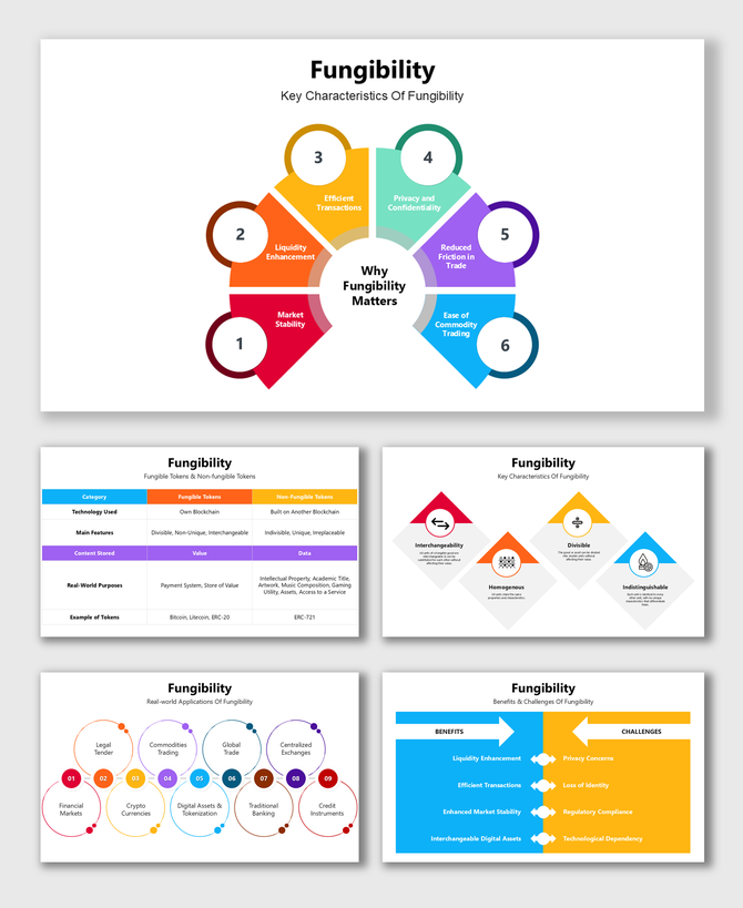 Fungibility slide highlighting its key characteristics, benefits, and real-world applications with colorful diagrams.