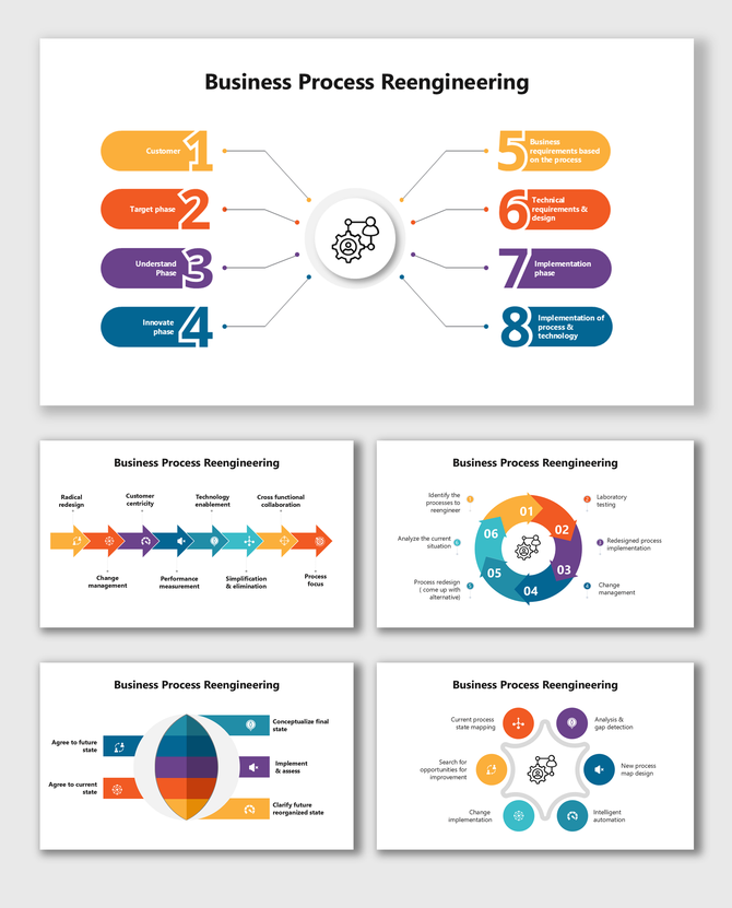 Business Process Reengineering template with colorful stages and workflow diagrams to streamline organizational processes.