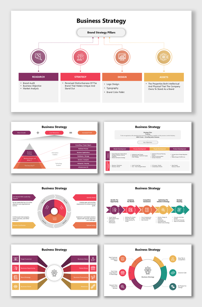Alt: Business strategy templates title slide with an illustration of a team, chess pieces, and a line chart.