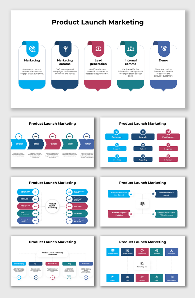 Product launch marketing strategies visualized with icons and step-by-step workflows for effective audience engagement.
