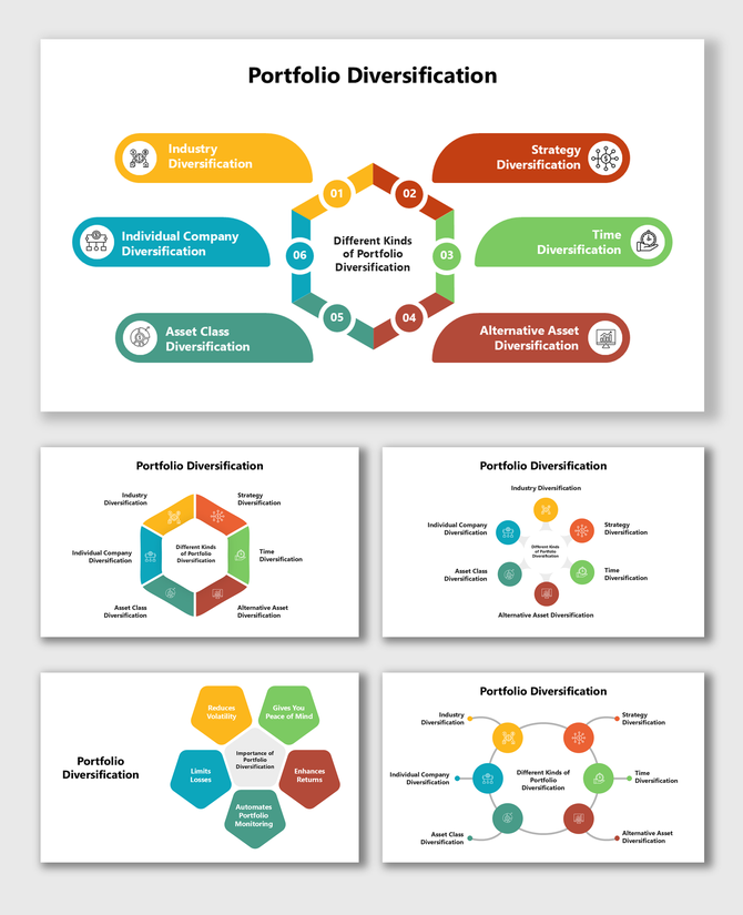 Portfolio diversification slides featuring hexagonal diagrams, colorful layouts, and placeholders for strategy, time.