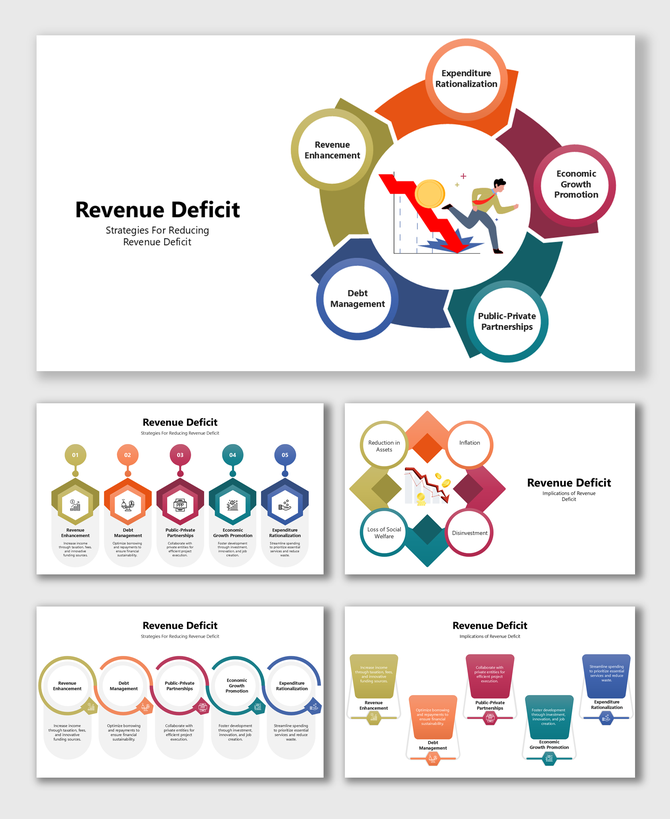 Revenue deficit presentation slides with circular diagrams, vibrant colors, and placeholders for strategies like debt Manage.