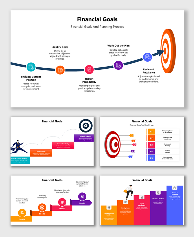 Alt: Financial Goals infographic slide showing target icons, milestone blocks, and a timeline layout for goal tracking.