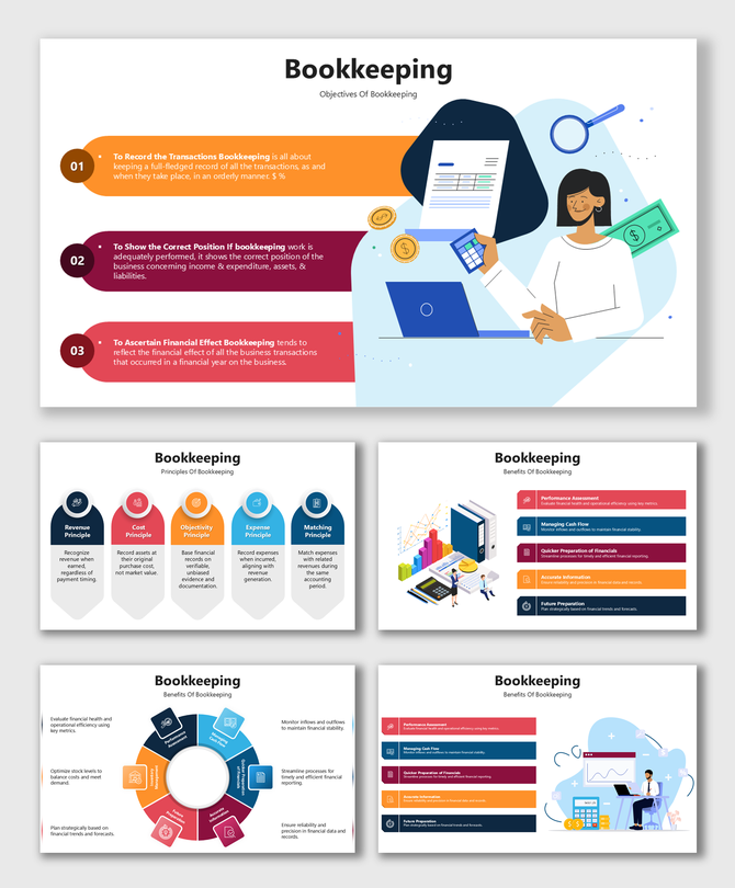 Bookkeeping slide deck with financial graphics, colorful text boxes, circular diagrams, structured layouts, and accounting. 
