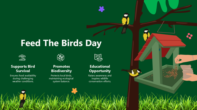Feed The Birds Day slide with a dark green background, bird feeder, yellow-black birds, grass, icons, and text highlighting.