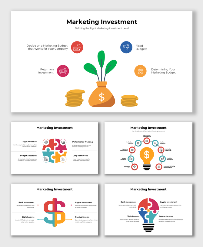 Marketing Investment slide deck with financial icons, money bag, coins, puzzle graphics, lightbulb infographic.