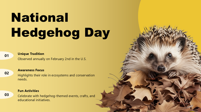 National Hedgehog Day slide with a hedgehog on autumn leaves, yellow gradient background, bold black text.