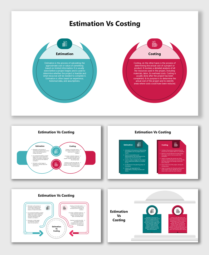 Estimation Vs Costing comparison slide with blue and red sections, financial icons, circular and rectangular text holders.