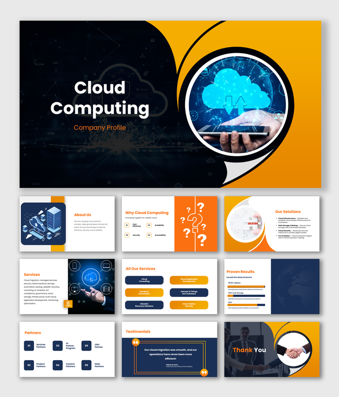 Cloud Computing Company Profile with tech-themed background, blue cloud icon, orange-white text holders, service highlights. 
