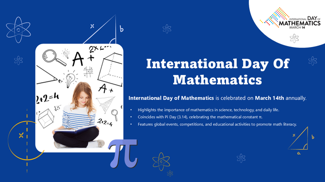 International Day Of Mathematics slide with numbers, equations, shapes, bold text, and vibrant colors highlighting math’s.
