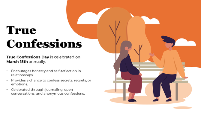 True Confessions Day slide with two people talking on a bench, autumn trees, warm orange tones, bold text, and key points.