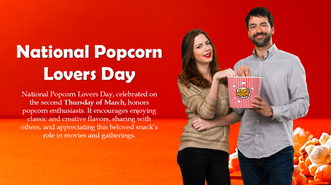 National Popcorn Lovers Day slide with a couple sharing popcorn, red theme, bold text, and a background of scattered popcorn
