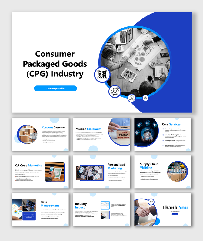 Consumer Packaged Goods Industry presentation with blue theme, showcasing marketing, supply chain, data management, and strat