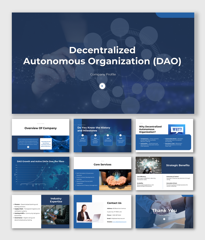 Decentralized Autonomous Organization Company Profile with DAO governance, smart contracts, DeFi, automation, and blockchain.