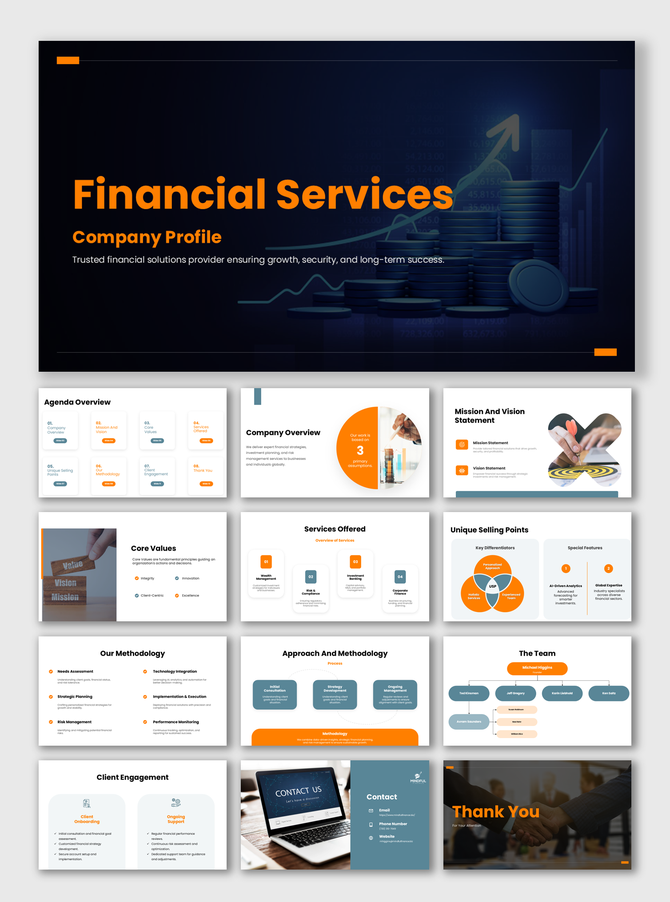 Alt: Financial Services Company Profile slide showing finance icons, charts, and section headings summarizing services and metrics.