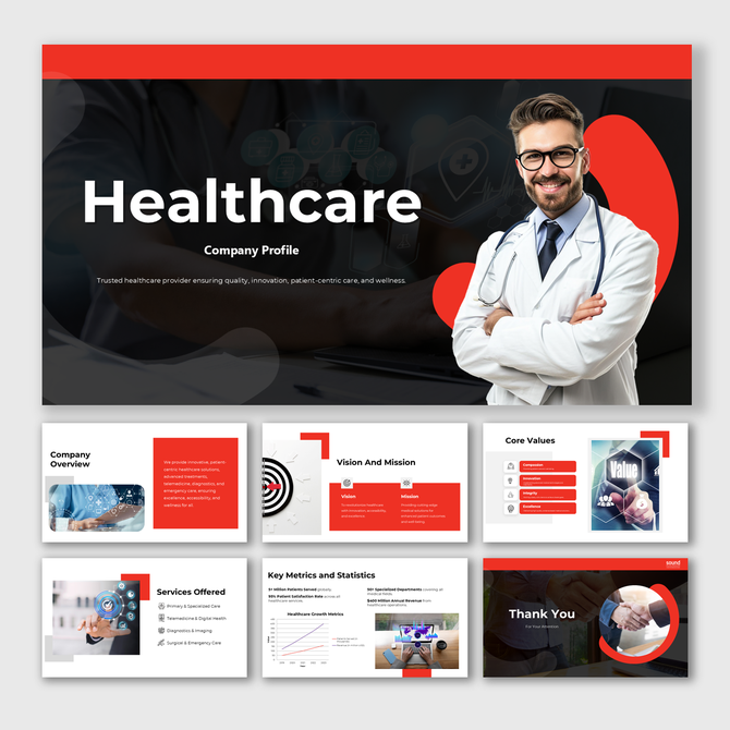 A healthcare company profile outlines its medical services, patient care, innovations, and commitment to improving health.