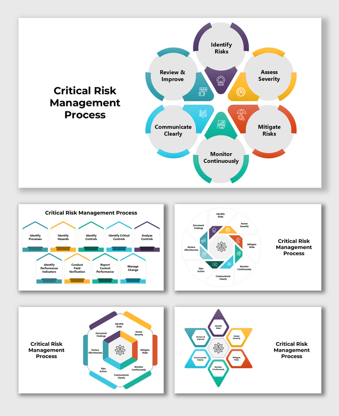 Critical Risk Management Process: Six-step diagrams in hexagon, circle, and star shapes with blue, red, orange, and purple.