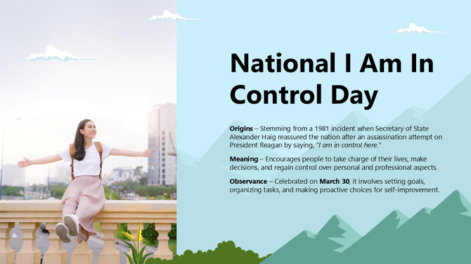 National I Am In Control Day a blue-themed slide with a joyful woman, cityscape, mountains, clouds, greenery and bold black.