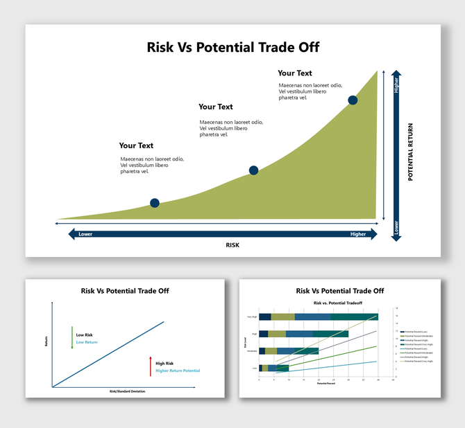 Risk vs potential tradeoff a balanced slide with a scale, bold text, blue and red contrast, structured content, and icons. 