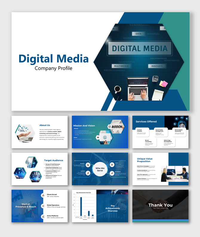 digital media company profile  a blue themed slide dec with hexagonal visuals, structured content, charts, and service.