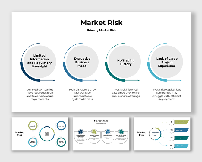 Market risk a professional slide with circular infographic elements, blue and gray tones, and structured text on financial